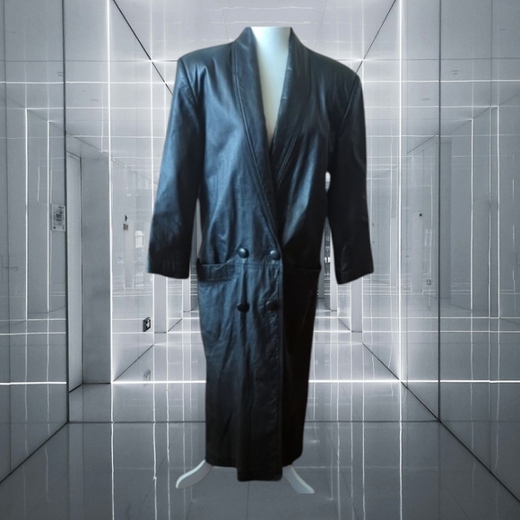 vintage black leather sweeping long dramatic matrix Style maxi trench coat sz 8 - Picture 1 of 12
